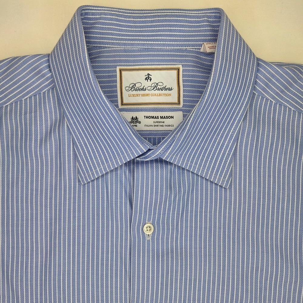 Brooks Brothers Thomas Mason Blue White Striped Shirt Madison Fit 17.5 35 Mens